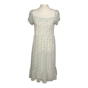 GeeGee Women’s Large Floral Smocked Midi Dress with Puff Sleeves - Green,‎ White